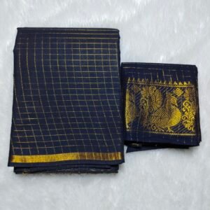 Pentex Kattam Sungudi Cotton Saree with Blouse – Black & Gold Checked Design