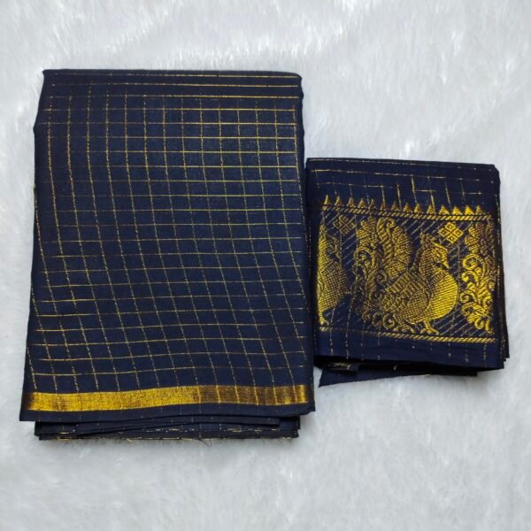 Pentex Kattam Sungudi Cotton Saree with Blouse – Black & Gold Checked Design