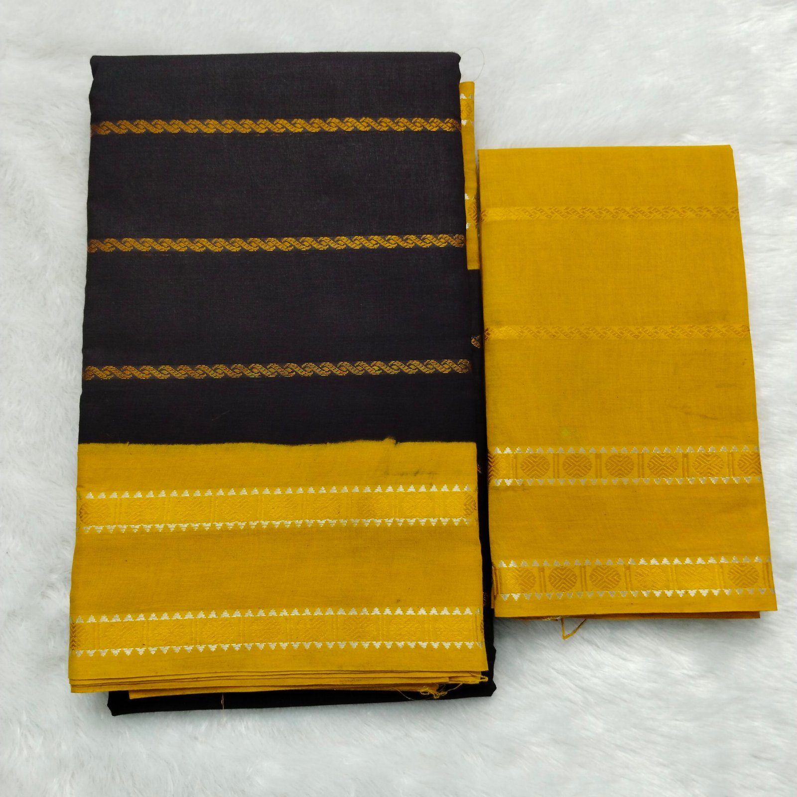 Dollar Pet Velthari Sungudi Cotton Saree (With Blouse) Brown Body with Mustard Yellow Border