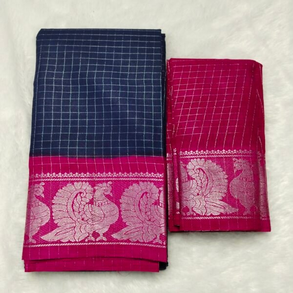 Silver Zari kattam Sungudi Cotton Saree – With Blouse (Contrast Pallu, Border & Blouse)