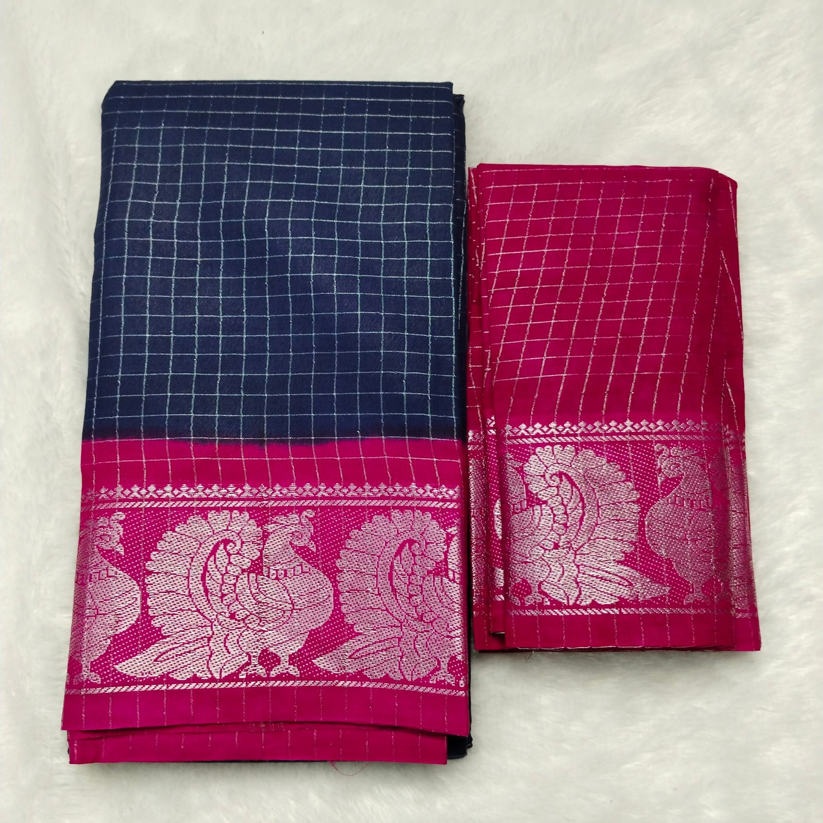 Silver Zari kattam Sungudi Cotton Saree – With Blouse (Contrast Pallu, Border & Blouse)