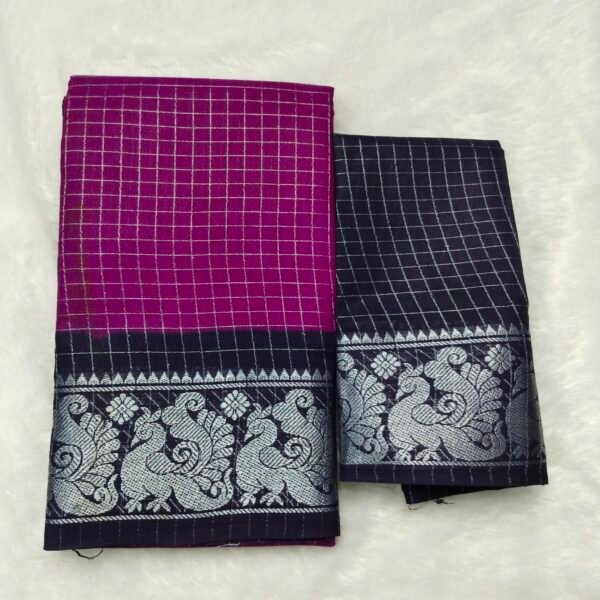 Silver Zari kattam Sungudi Cotton Saree – With Blouse (Contrast Pallu, Border & Blouse)