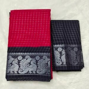 Silver Zari kattam Sungudi Cotton Saree – With Blouse (Contrast Pallu, Border & Blouse)