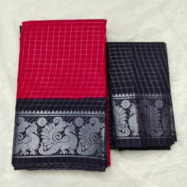 Silver Zari kattam Sungudi Cotton Saree – With Blouse (Contrast Pallu, Border & Blouse)