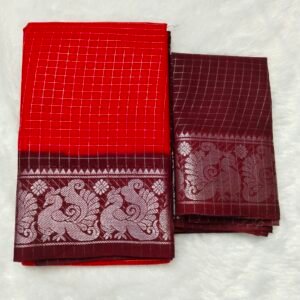 Silver Zari kattam Sungudi Cotton Saree – With Blouse (Contrast Pallu, Border & Blouse)