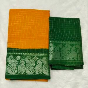 Silver Zari kattam Sungudi Cotton Saree – With Blouse (Contrast Pallu, Border & Blouse)