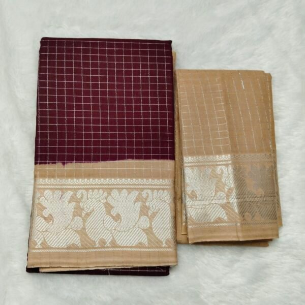 Silver Zari kattam Sungudi Cotton Saree – With Blouse (Contrast Pallu, Border & Blouse)