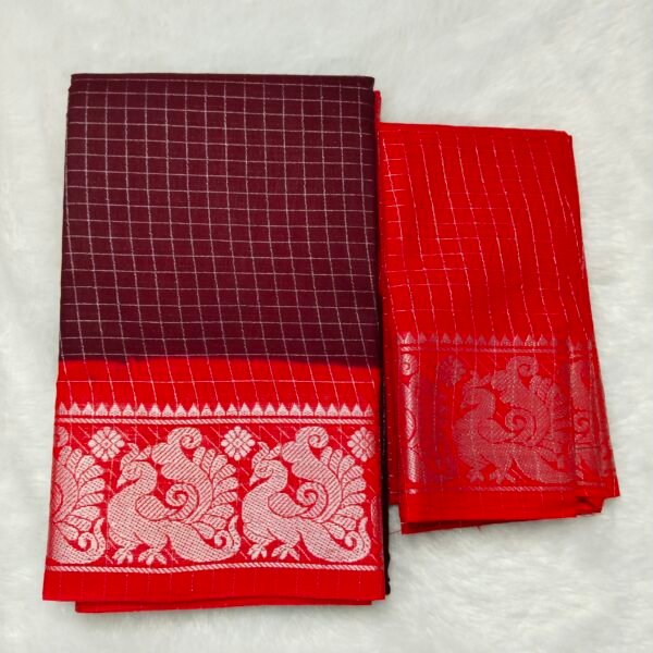 Silver Zari kattam Sungudi Cotton Saree – With Blouse (Contrast Pallu, Border & Blouse)
