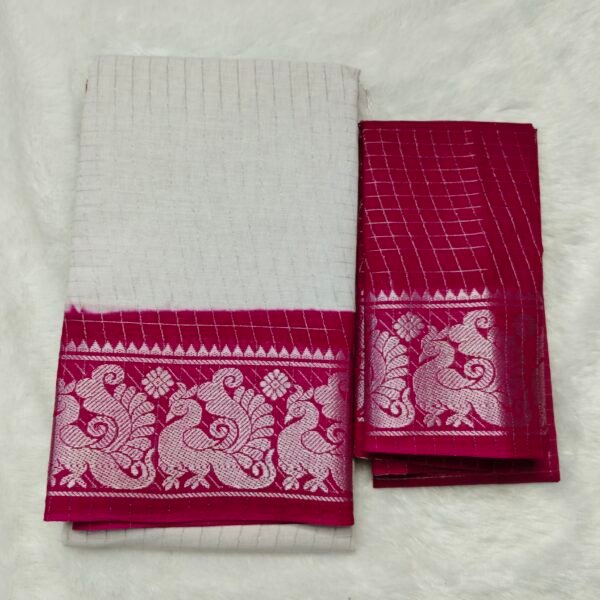 Silver Zari kattam Sungudi Cotton Saree – With Blouse (Contrast Pallu, Border & Blouse)
