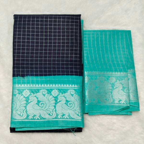 Silver Zari kattam Sungudi Cotton Saree – With Blouse (Contrast Pallu, Border & Blouse)