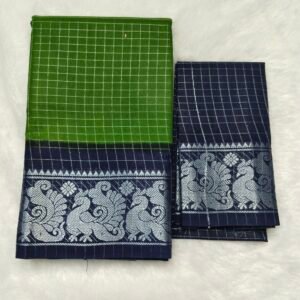 Silver Zari kattam Sungudi Cotton Saree – With Blouse (Contrast Pallu, Border & Blouse)