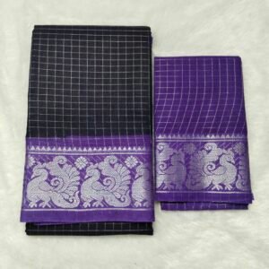 Silver Zari kattam Sungudi Cotton Saree – With Blouse (Contrast Pallu, Border & Blouse)