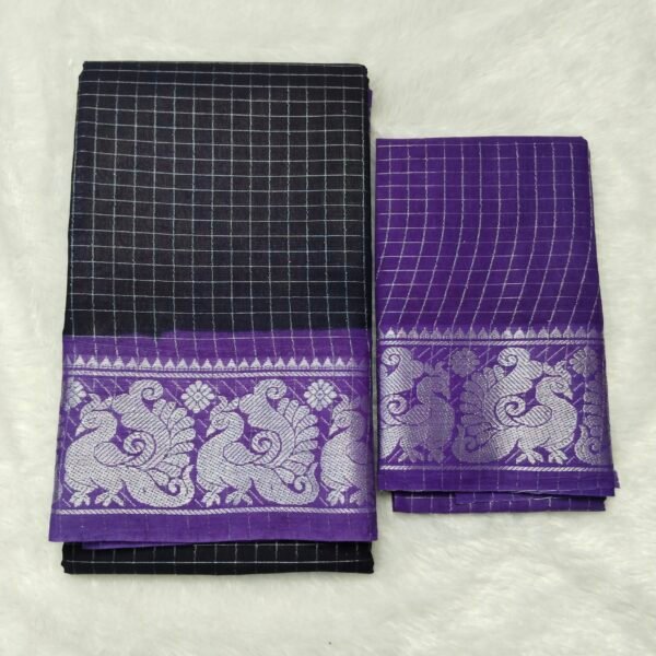 Silver Zari kattam Sungudi Cotton Saree – With Blouse (Contrast Pallu, Border & Blouse)