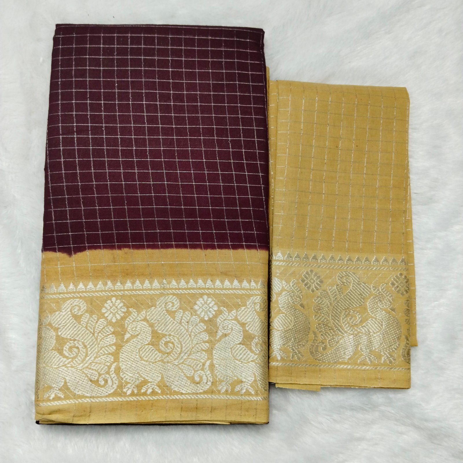 Silver Zari kattam Sungudi Cotton Saree – With Blouse (Contrast Pallu, Border & Blouse)