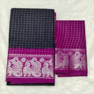 Silver Zarikattam Sungudi Cotton Saree – With Blouse (Contrast Pallu, Border & Blouse)