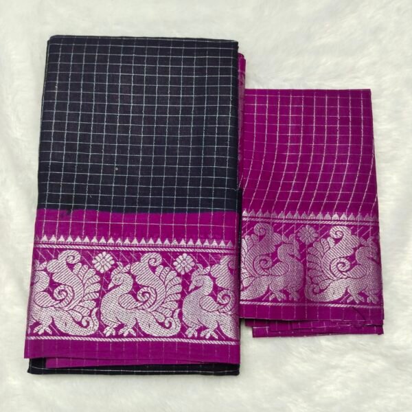 Silver Zarikattam Sungudi Cotton Saree – With Blouse (Contrast Pallu, Border & Blouse)