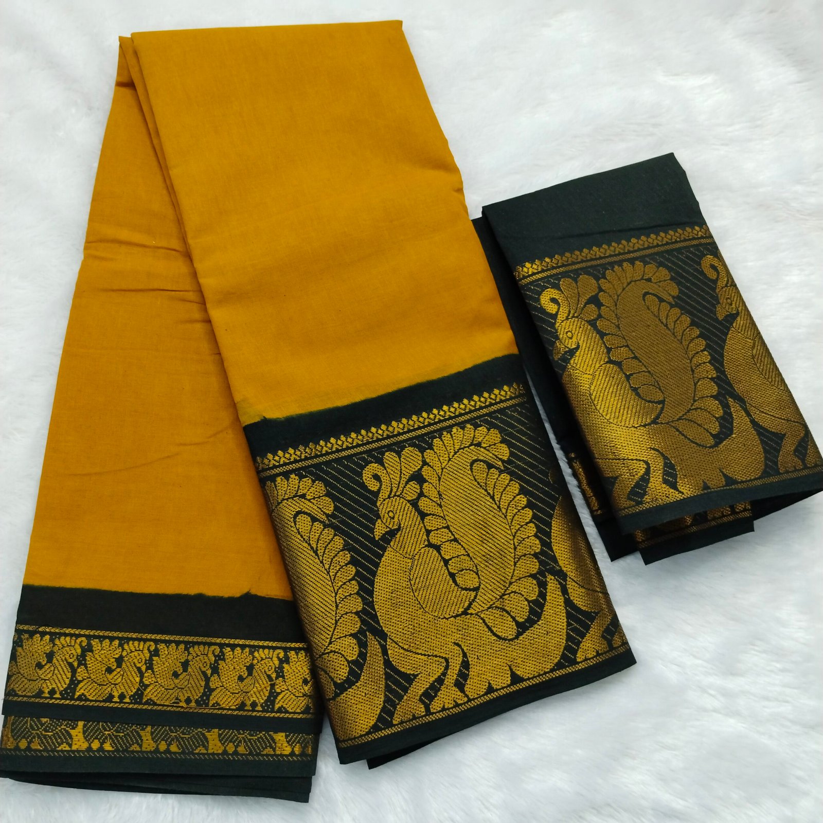 Mayuri Sungudi Cotton Saree (With Blouse) – Mustard Yellow Body with Black Border