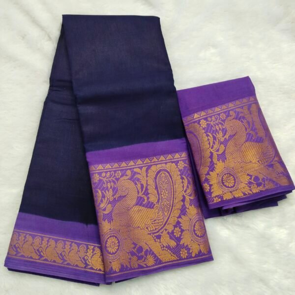 Mayuri Sungudi Cotton Saree (With Blouse) – Navy Blue Body with Lavender Border