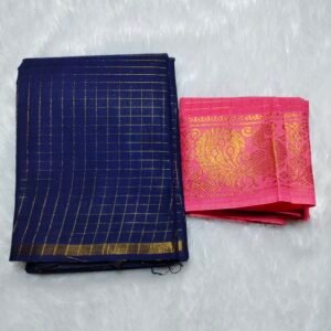Elegant Pentex Kattam Sungudi Cotton Saree in Navy blue and peach checks, featuring a blouse piece, 5.5m length, and borderless style.