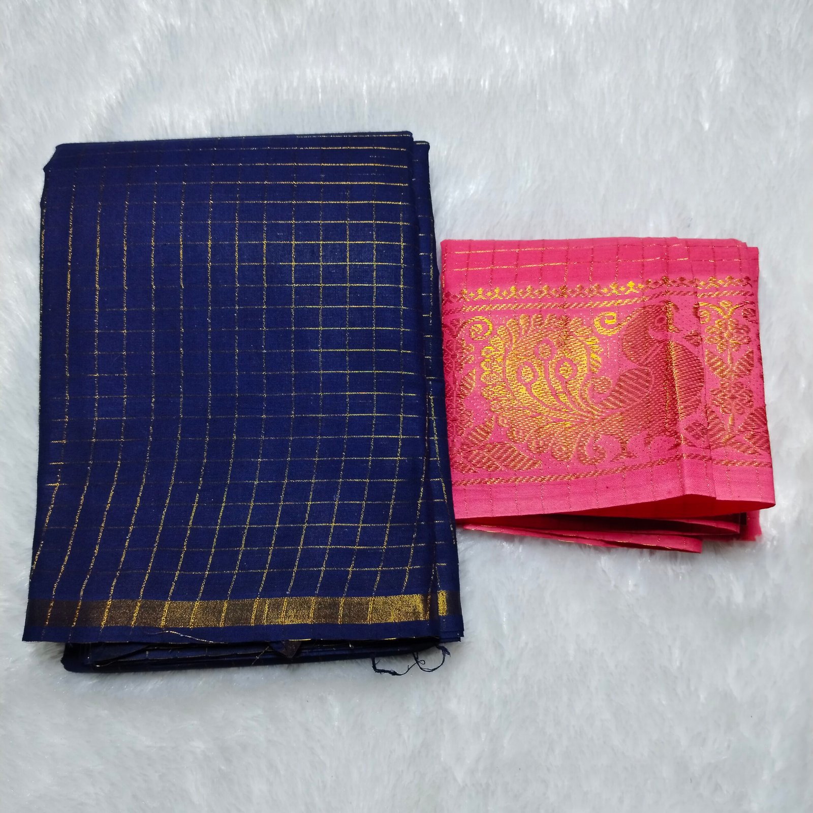 Elegant Pentex Kattam Sungudi Cotton Saree in Navy blue and peach checks, featuring a blouse piece, 5.5m length, and borderless style.