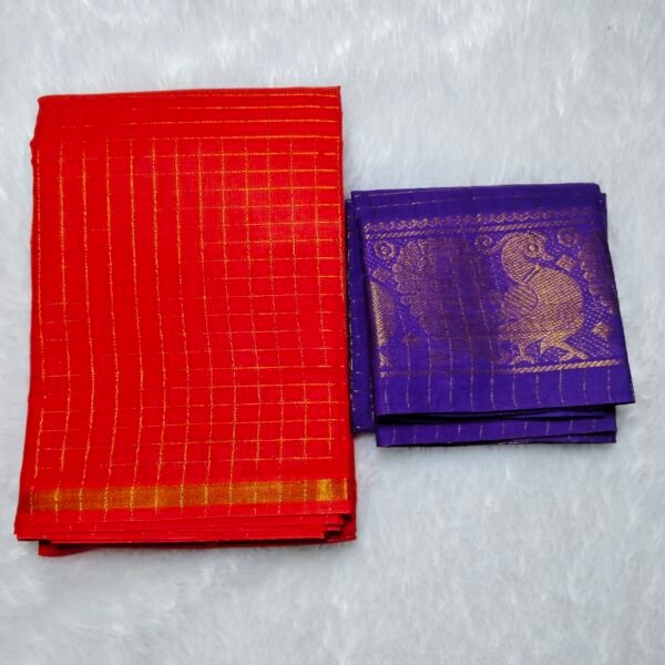 Pentex Kattam Sungudi Cotton Saree with Blouse – Orange & Violet Checked Design