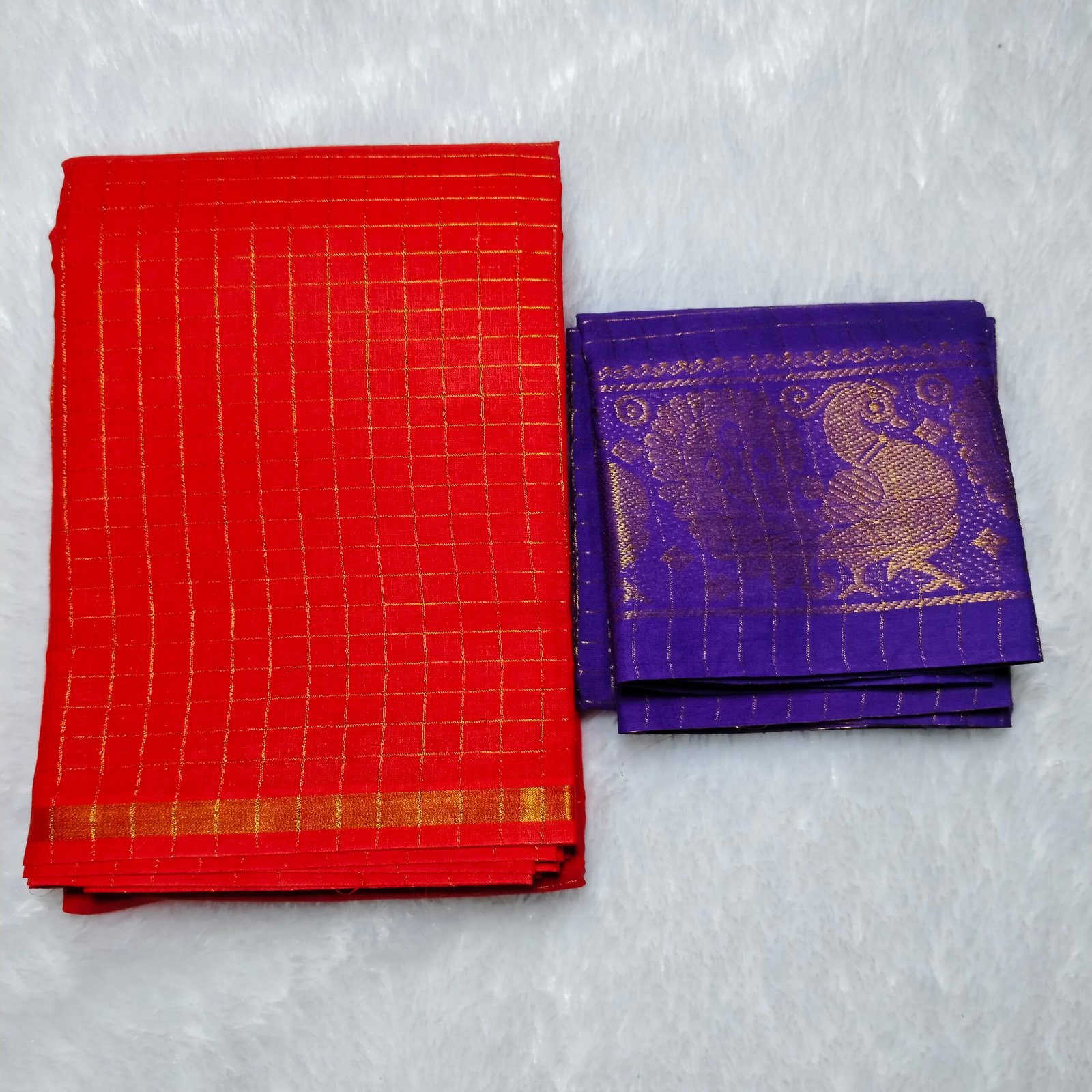 Pentex Kattam Sungudi Cotton Saree with Blouse – Orange & Violet Checked Design