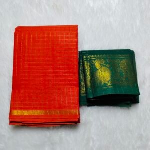 Pentex Kattam Sungudi Cotton Saree with Blouse – Orange & Green Checked Design