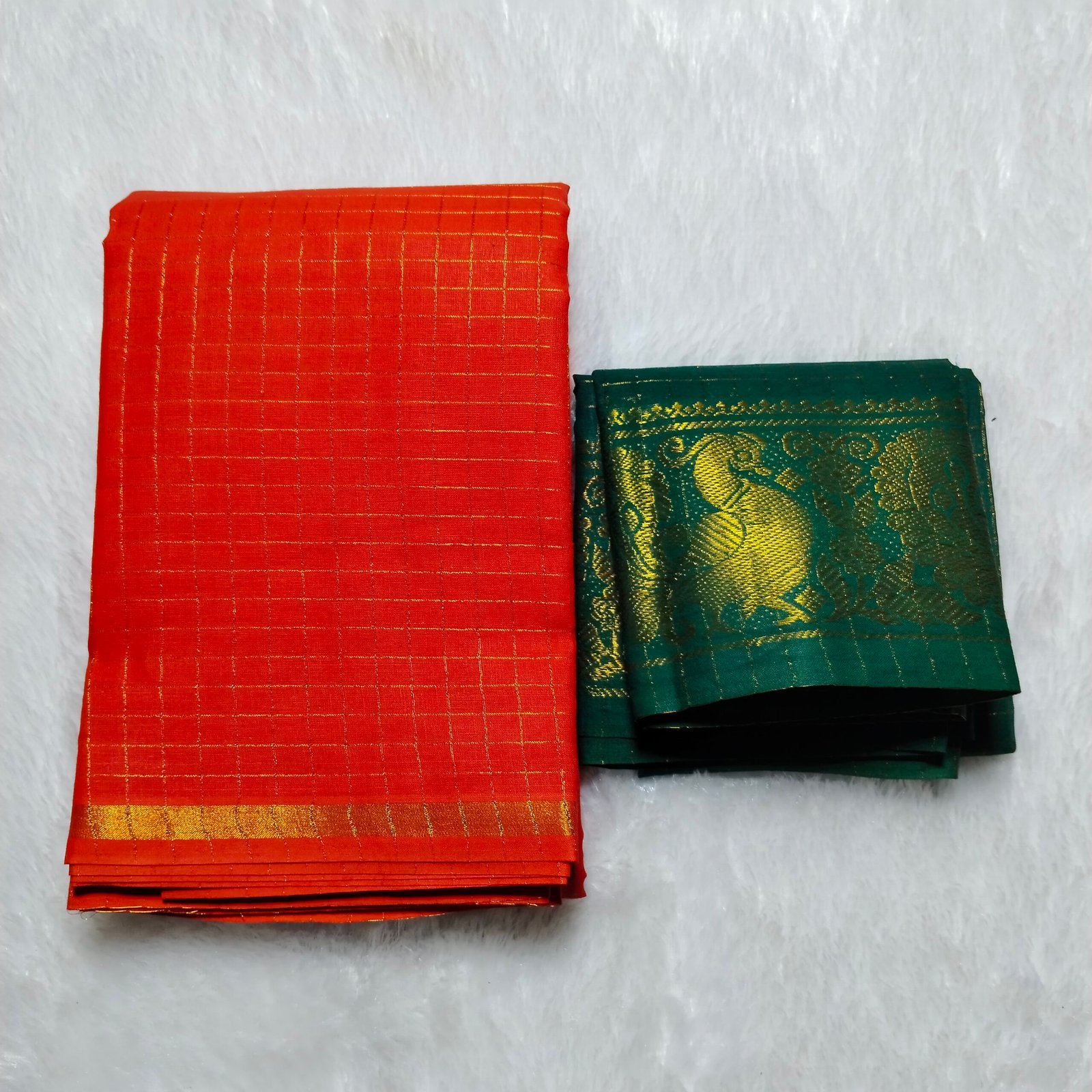 Pentex Kattam Sungudi Cotton Saree with Blouse – Orange & Green Checked Design