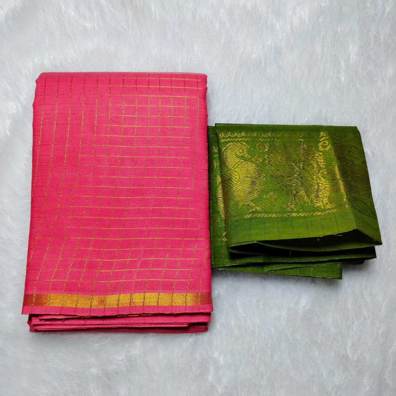 Elegant Pentex Kattam Sungudi Cotton Saree in Peach and Olive green checks, featuring a blouse piece, 5.5m length, and borderless style.