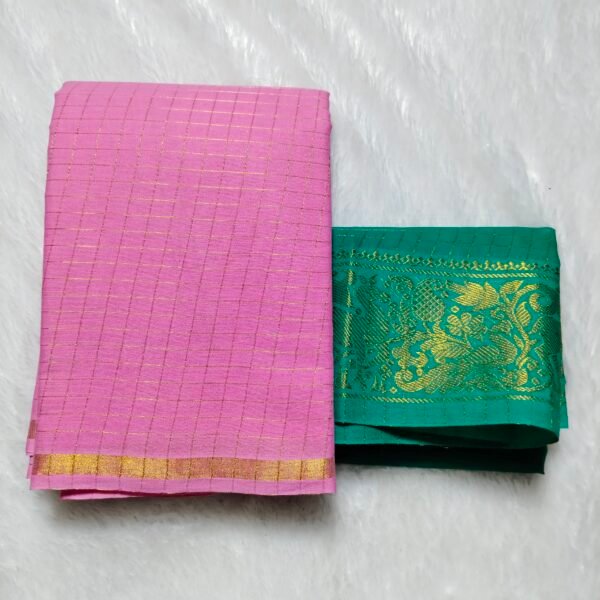Elegant Pentex Kattam Sungudi Cotton Saree in Pink and Rama green checks, featuring a blouse piece, 5.5m length, and borderless style.