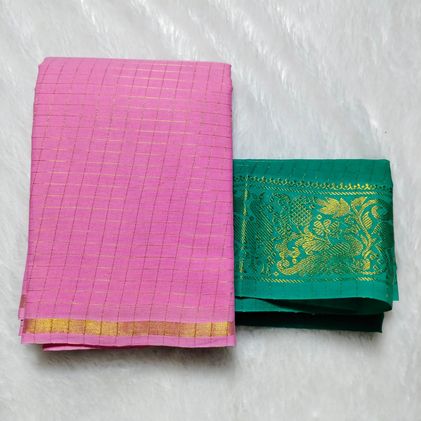 Elegant Pentex Kattam Sungudi Cotton Saree in Pink and Rama green checks, featuring a blouse piece, 5.5m length, and borderless style.