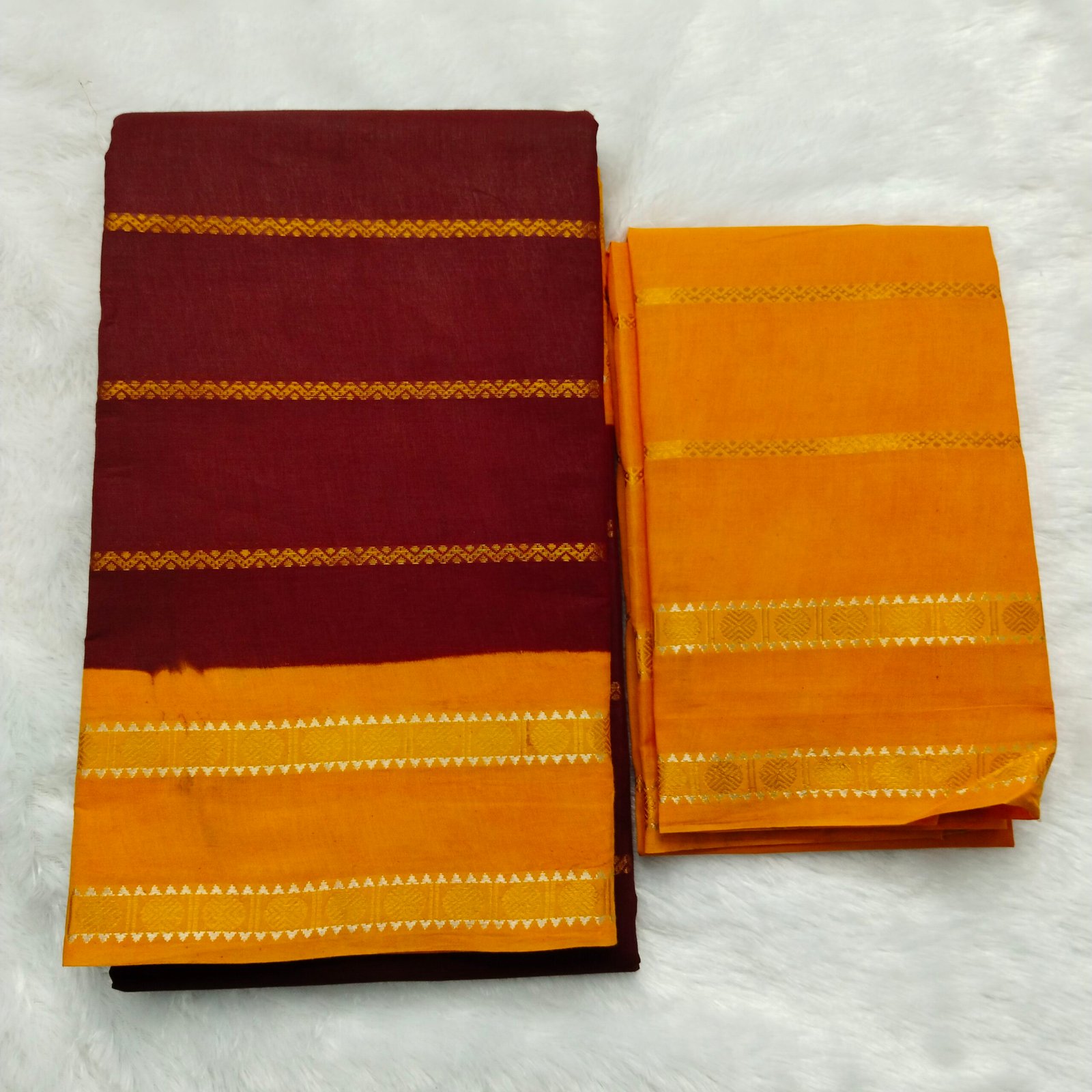 Dollar Pet Velthari Sungudi Cotton Saree (With Blouse) Red Body with Mango Yellow Border