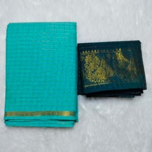 Pentex Kattam Sungudi Cotton Saree with Blouse – Sea Blue -Peacock Blue Checked Design