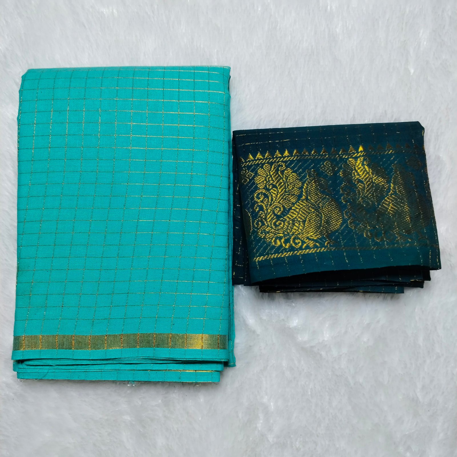 Pentex Kattam Sungudi Cotton Saree with Blouse – Sea Blue -Peacock Blue Checked Design