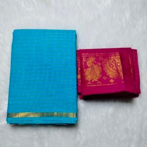 Pentex Kattam Sungudi Cotton Saree with Blouse – Sky Blue -Pink Checked Design