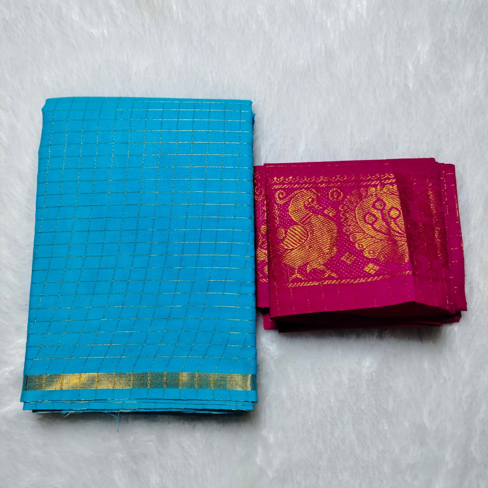 Pentex Kattam Sungudi Cotton Saree with Blouse – Sky Blue -Pink Checked Design