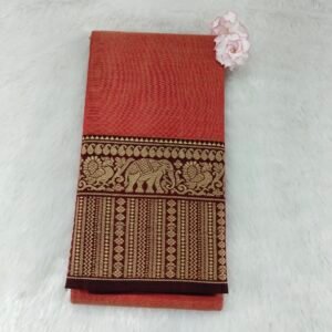 A classic Narayanan Pet saree crafted from mercerised cotton, featuring an elegant Lavanya type border with a running blouse for timeless charm.