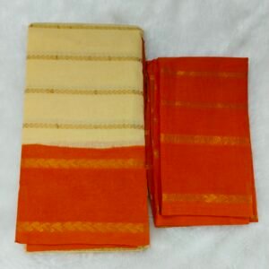 Elegant Light Sandal Sungudi Cotton Saree with Orange border and blouse – a subtle yet vibrant ethnic choice.