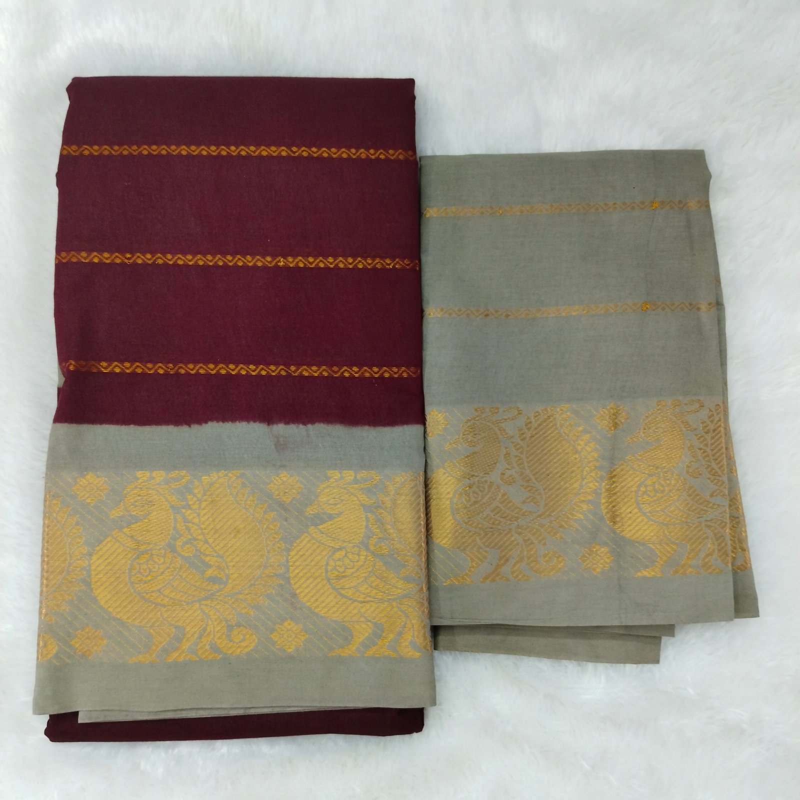 Poonam Border Velthari Sungudi Cotton Saree – Meroon Body with Grey Border & Blouse