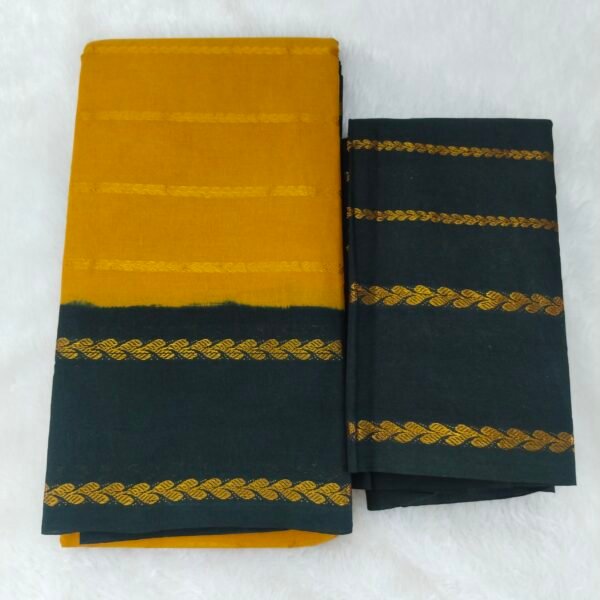Grace your wardrobe with this Mustard Yellow Sungudi Cotton Saree, crafted with a contrast black border, pallu, and blouse. A timeless classic with authentic sungudi charm.