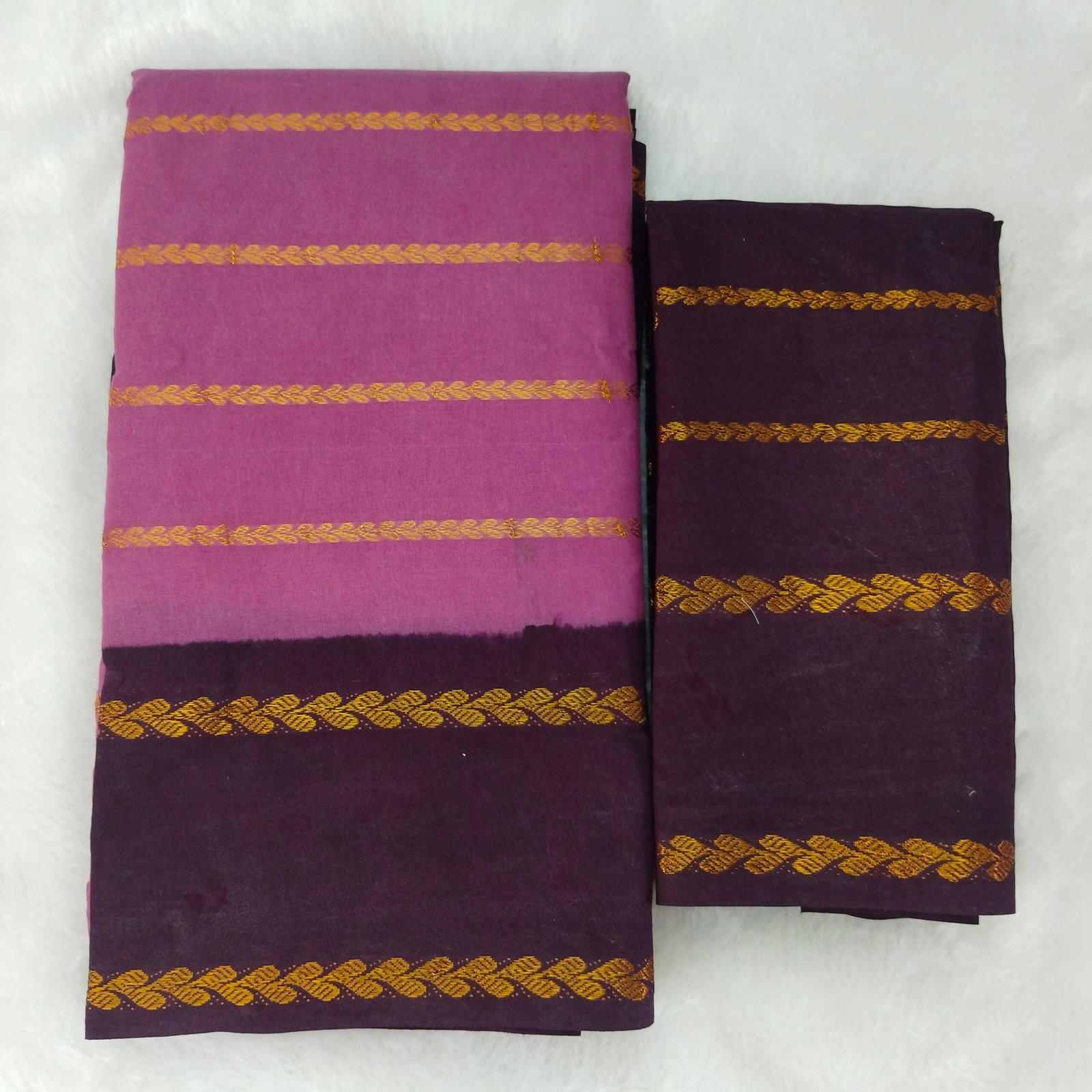 Leaf Velthari Sungudi Cotton Saree – Onion Pink Body with Brown Border & Blouse
