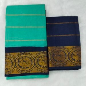 Refreshing sea blue with classic navy border; contrast pallu and blouse for a crisp, traditional look.