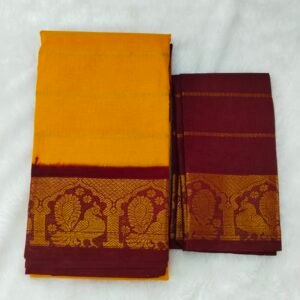 Sunny yellow body offset by a deep meroon border; contrast pallu and blouse add festive flair.