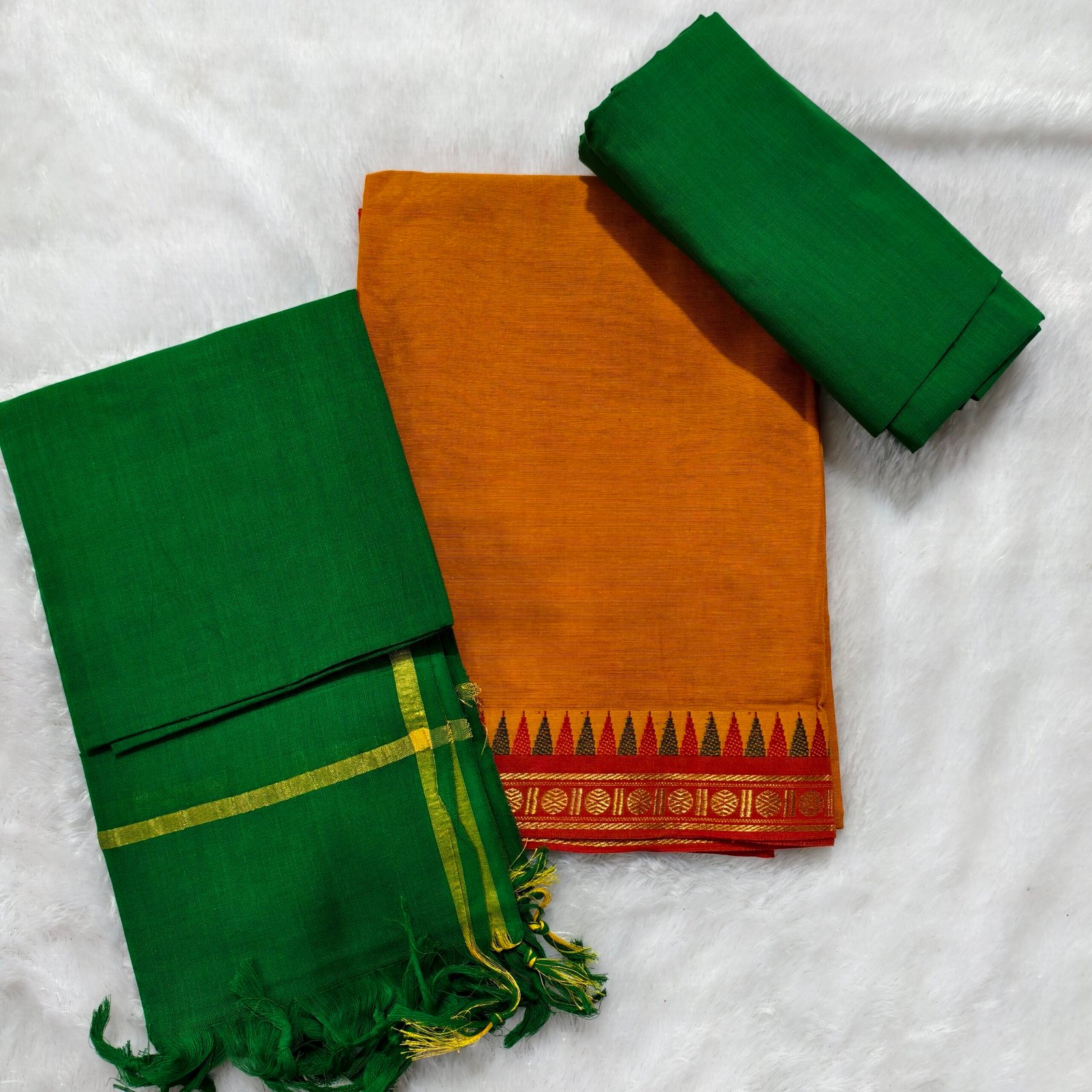 Handloom Cotton Dress Material Set – Top, Bottom & Dupatta