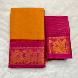 A premium soft cotton handloom Sungudi saree featuring gold zari kattam checks and a matching blouse—elegant, lightweight, and traditionally crafted.