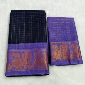 A premium soft cotton handloom Sungudi saree featuring gold zari kattam checks and a matching blouse—elegant, lightweight, and traditionally crafted