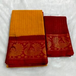 A premium soft cotton handloom Sungudi saree featuring gold zari kattam checks and a matching blouse—elegant, lightweight, and traditionally crafted