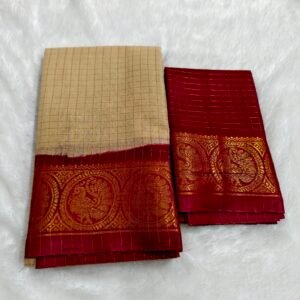 A premium soft cotton handloom Sungudi saree featuring gold zari kattam checks and a matching blouse—elegant, lightweight, and traditionally crafted