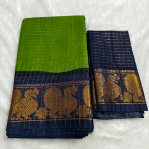 A premium soft cotton handloom Sungudi saree featuring gold zari kattam checks and a matching blouse—elegant, lightweight, and traditionally crafted
