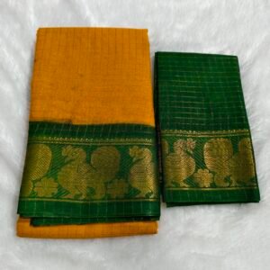 A premium soft cotton handloom Sungudi saree featuring gold zari kattam checks and a matching blouse—elegant, lightweight, and traditionally crafted